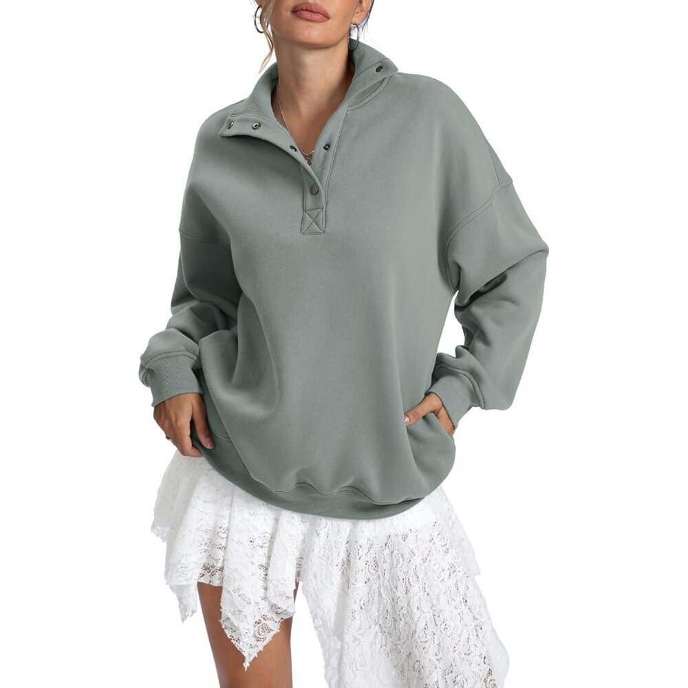Women's Dark Green Sweatshirts Trendy Tops Fleece Henley Neck Long Sleeve Button - Picture 2 of 6
